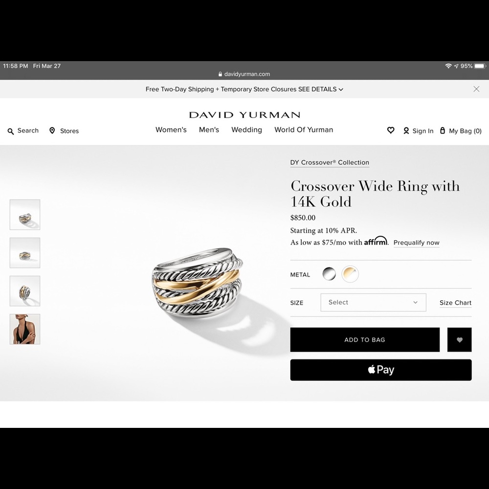 ISO size 7 David Yurman wide crossover ring